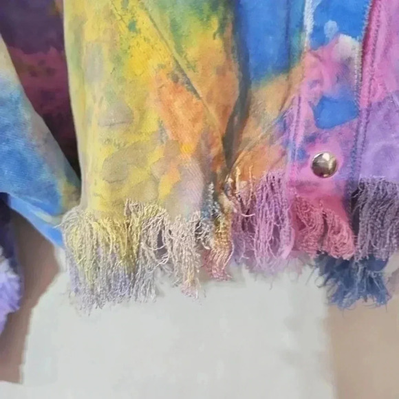 Vintage Fringe Denim Cropped Tie-Dye Jacket - Size Medium - Picture 11 of 13